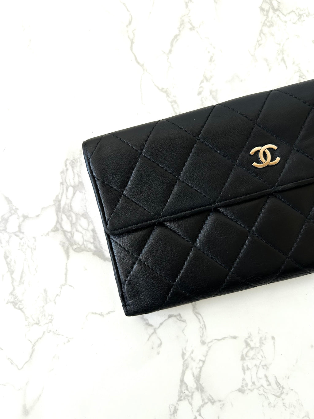 CHANEL 黑色格紋小羊皮革銀標長夾/錢包