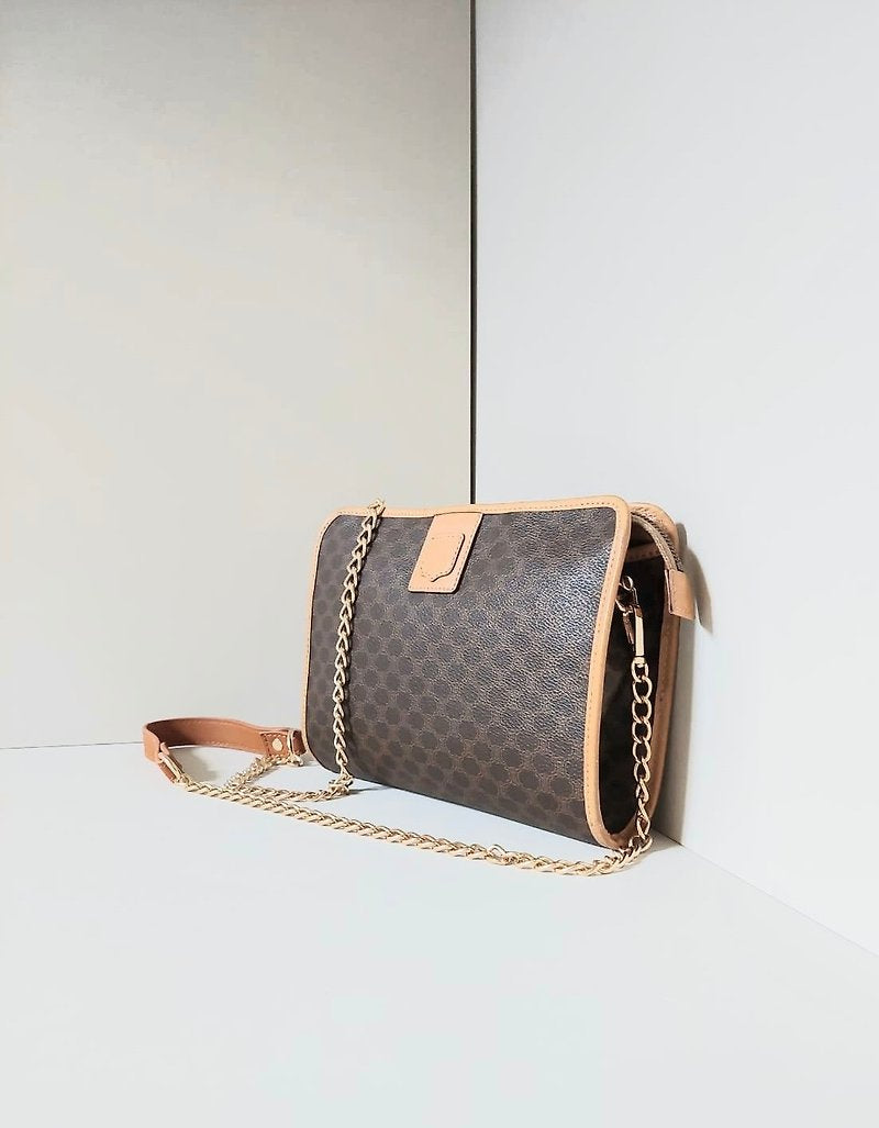 CELINE Brown Old Flower Leather Side Bag/Messenger Bag/Clutch Bag