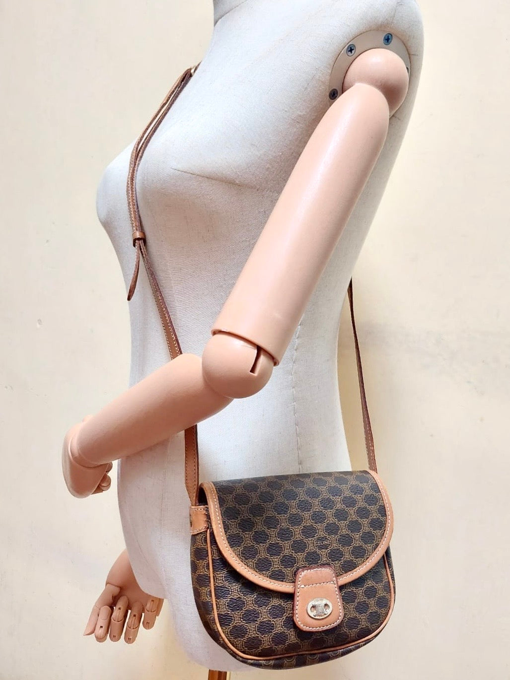 CELINE Half Moon Saddle Old Flower Leather Side Bag / Crossbody Bag