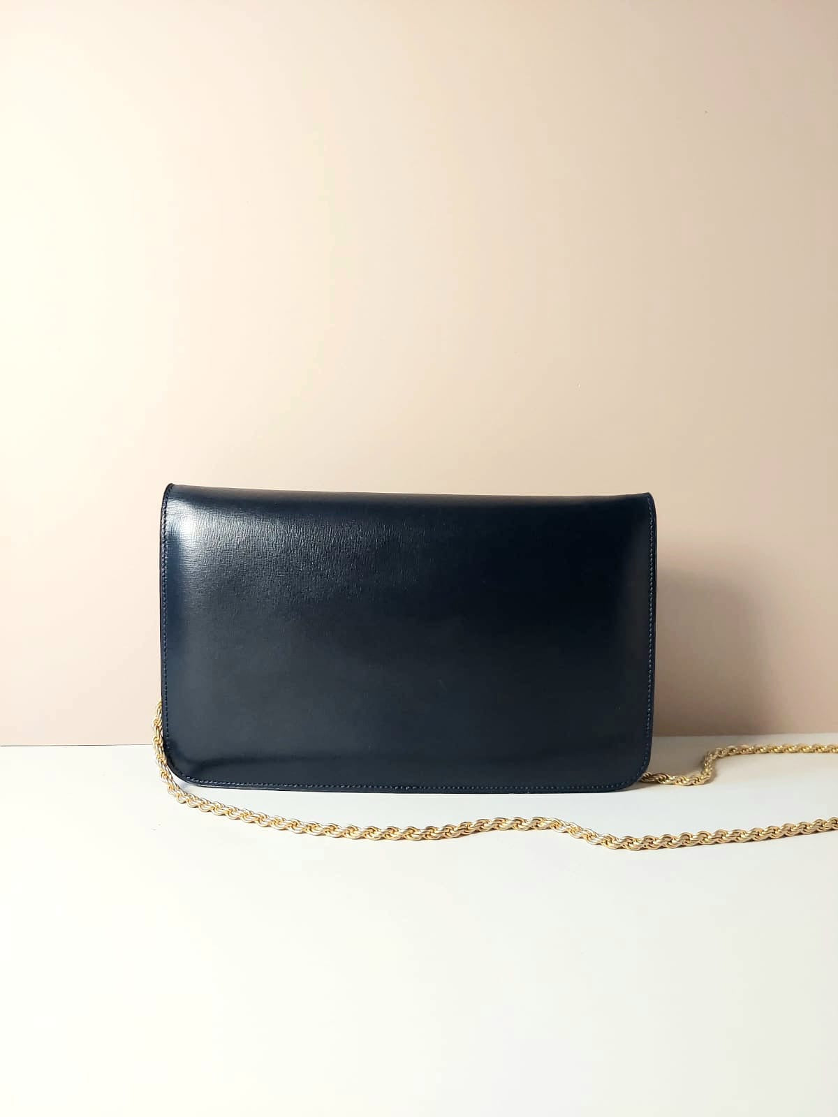 CELINE rare gold Arc de Triomphe badge dark blue leather small bag / side bag / oblique bag