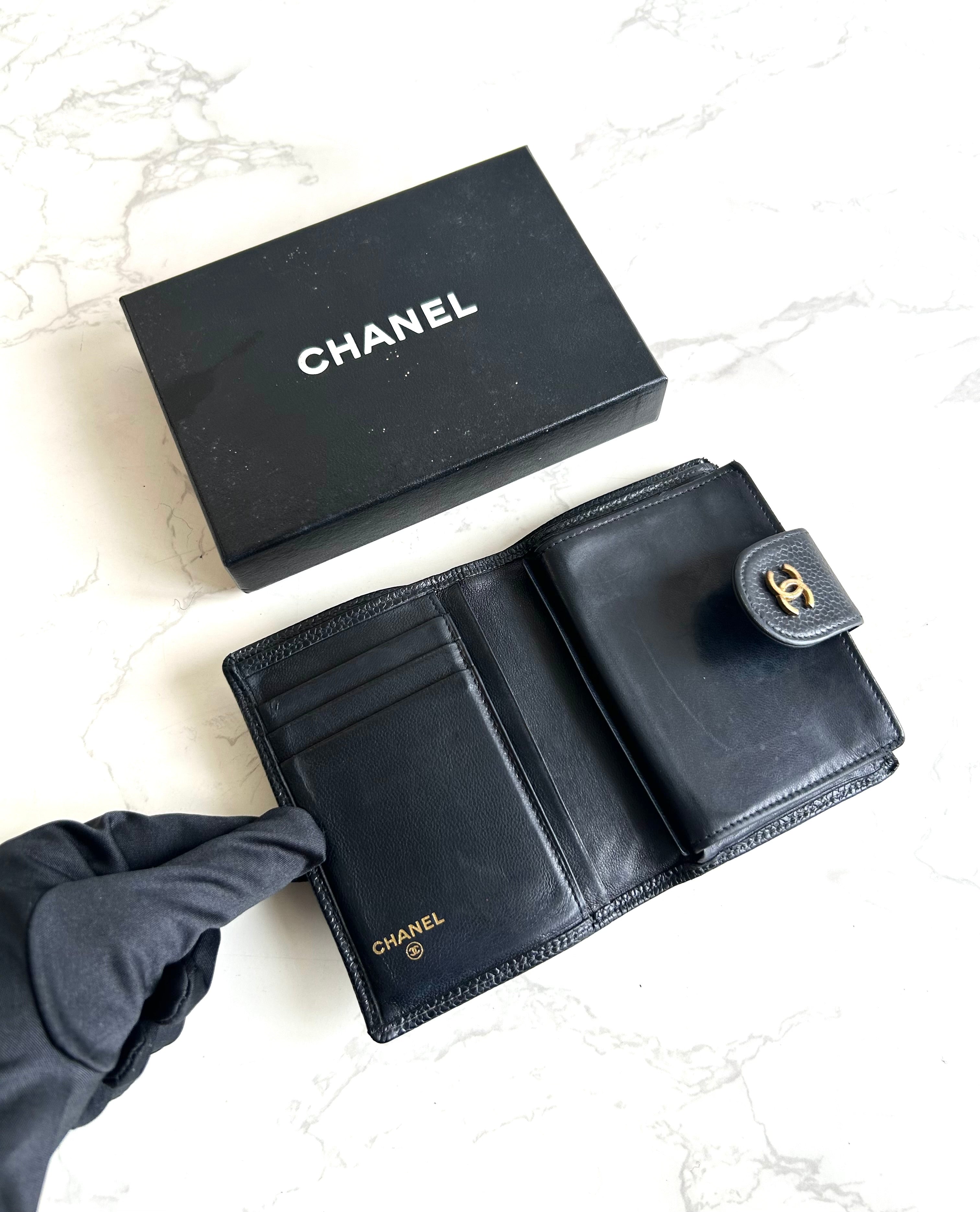 Chanel黑色魚子醬皮革中夾 皮夾 錢包 短夾 中古包