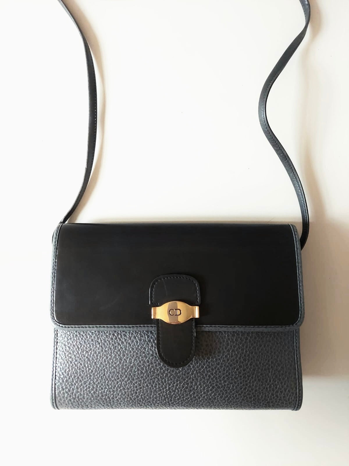CHRISTIAN DIOR rare black and gray stitching leather gold buckle side bag / oblique bag