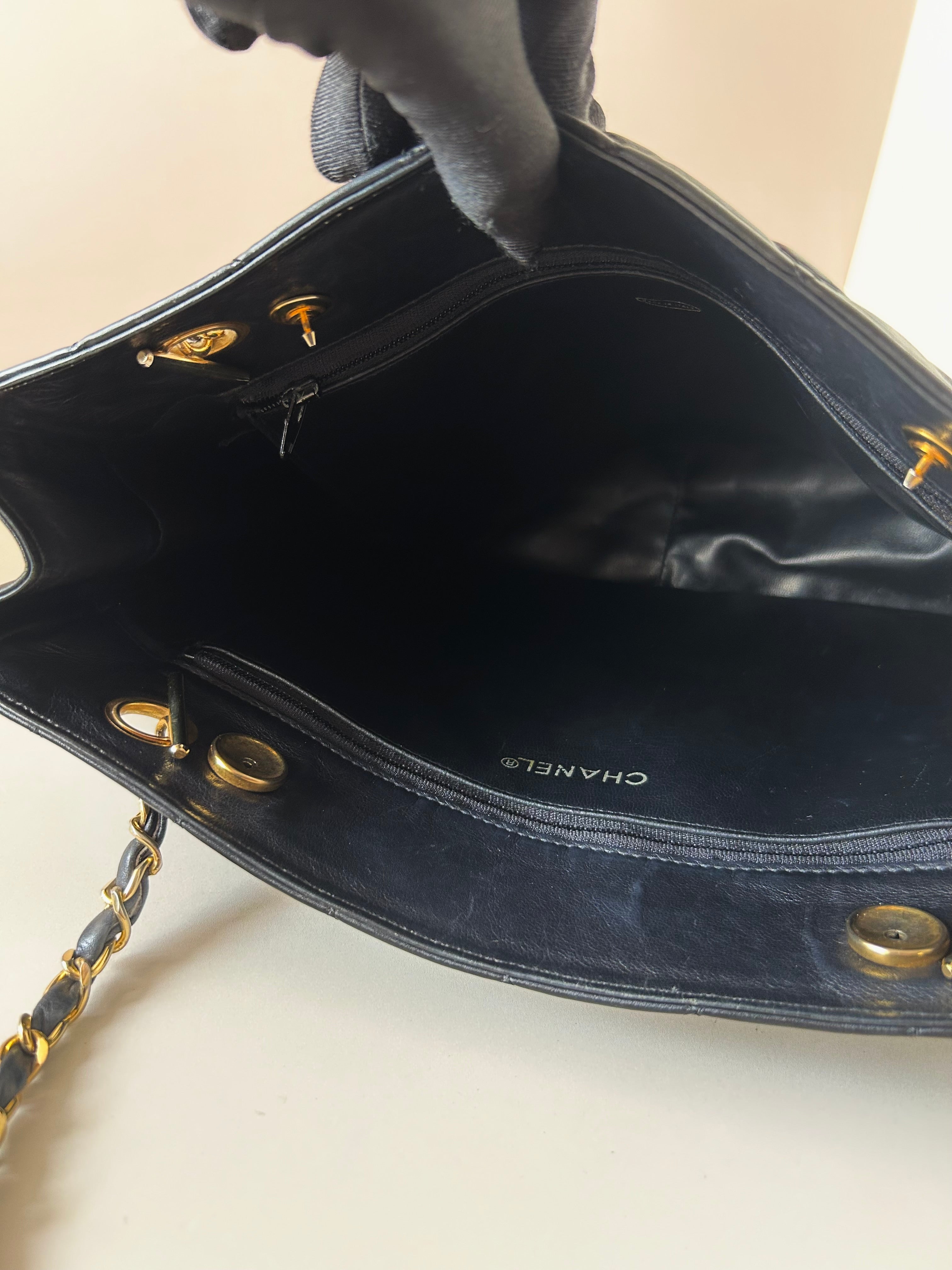 CHANEL Black Metalasse lambskin chain tote bag / side bag