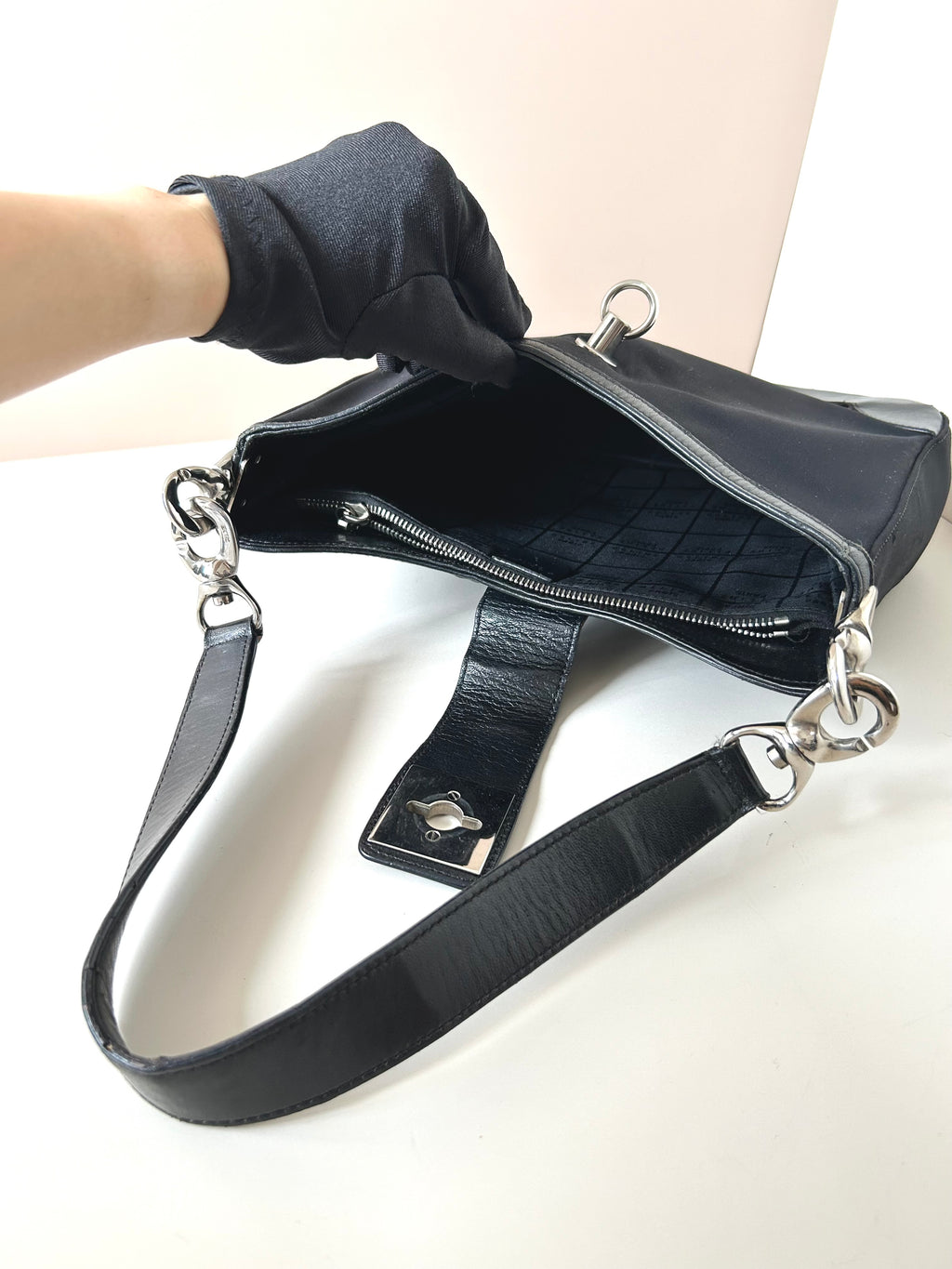CELINE rare black silver ring patchwork leather Blason side backpack / shoulder bag