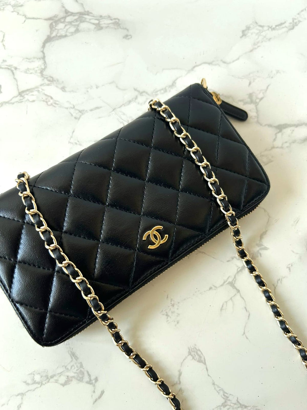 CHANEL black and gold lambskin WOC/wallet/side bag/crossbody bag