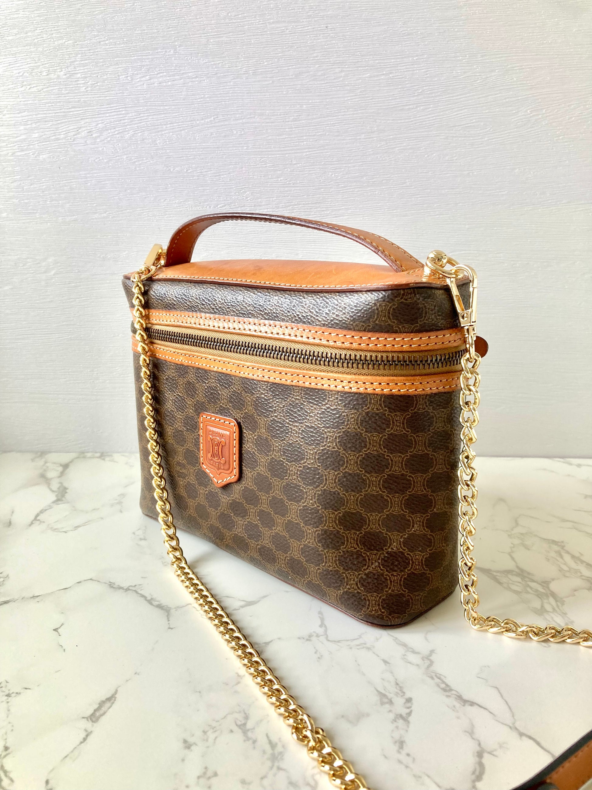 CELINE Brown Monogram Vanity Case / Crossbody Chain Bag
