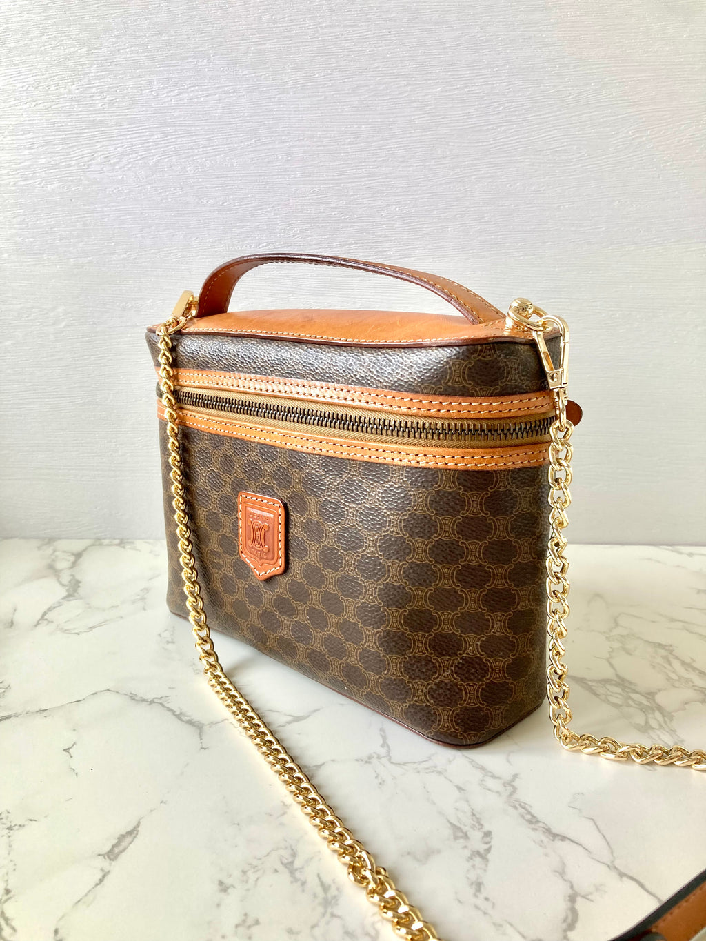 CELINE Brown Monogram Vanity Case / Crossbody Chain Bag