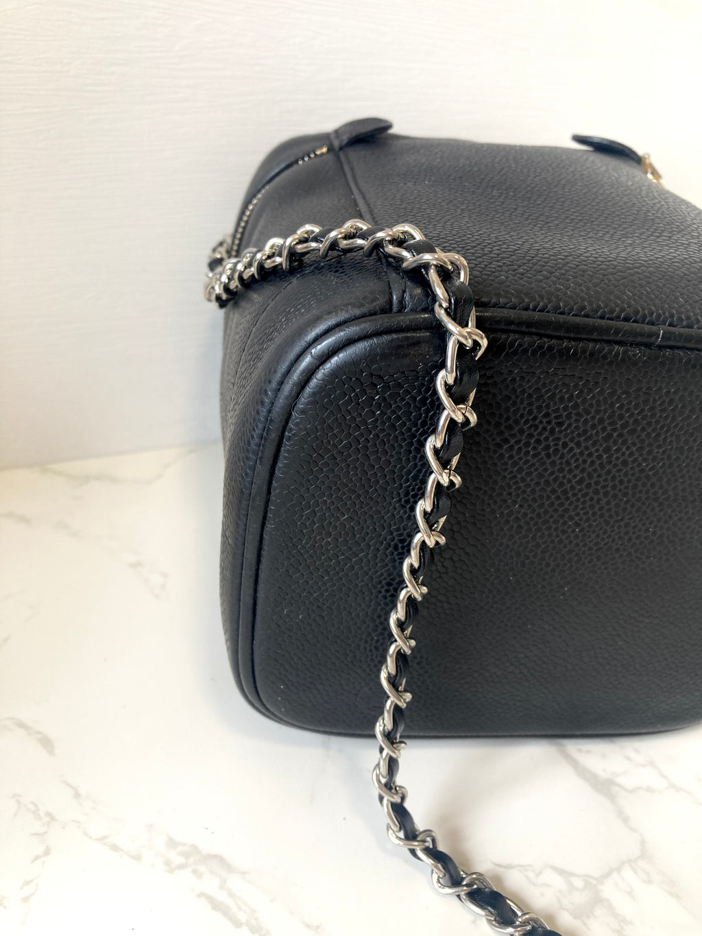 CHANEL Black Caviar Leather Vertical Vanity Case / Chain Crossbody Bag