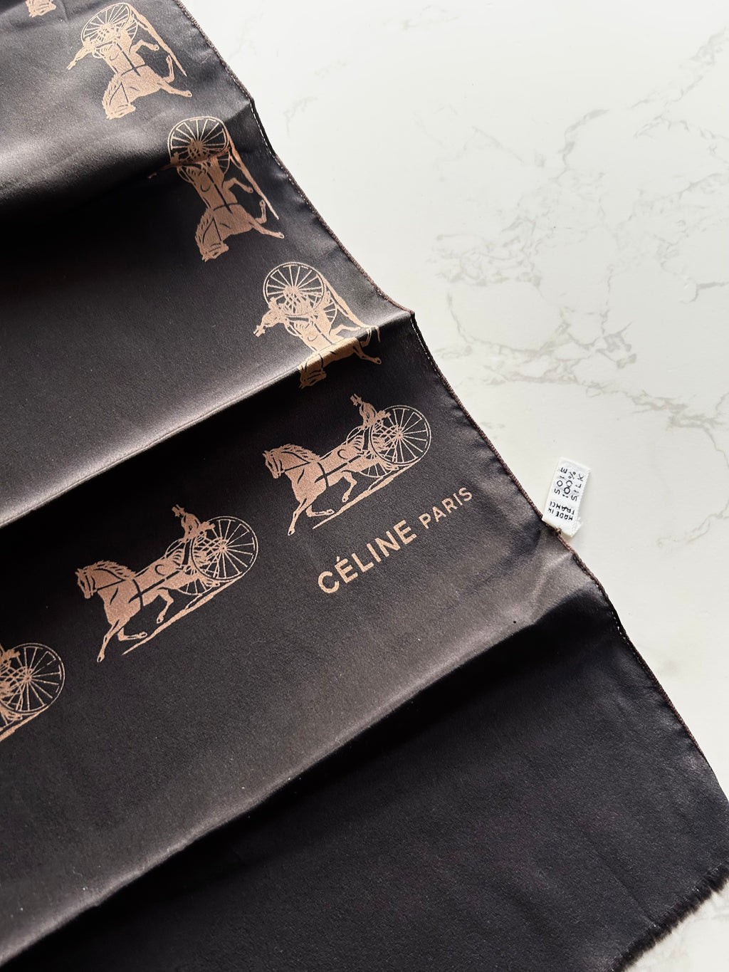 CELINE Dark Brown Carriage Print Silk Scarf/Shawl · New Year Gift