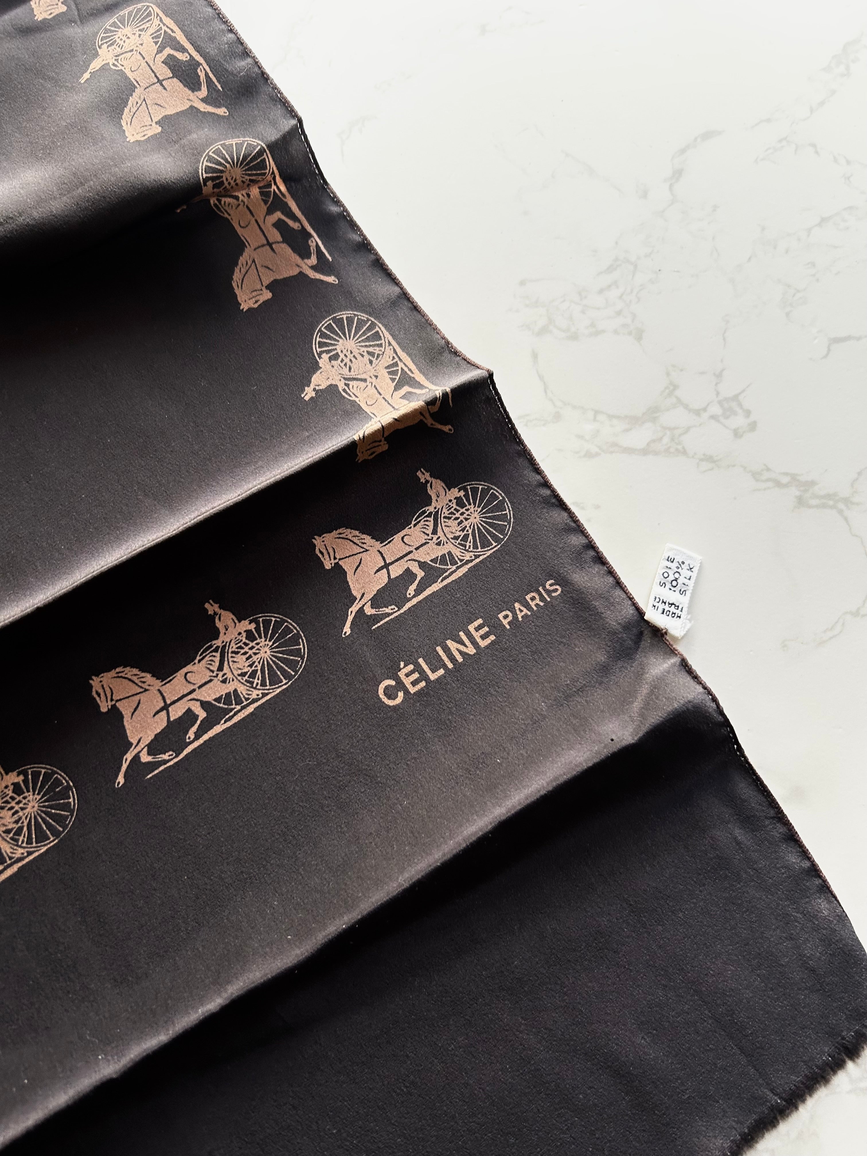 CELINE Dark Brown Carriage Print Silk Scarf/Shawl · New Year Gift