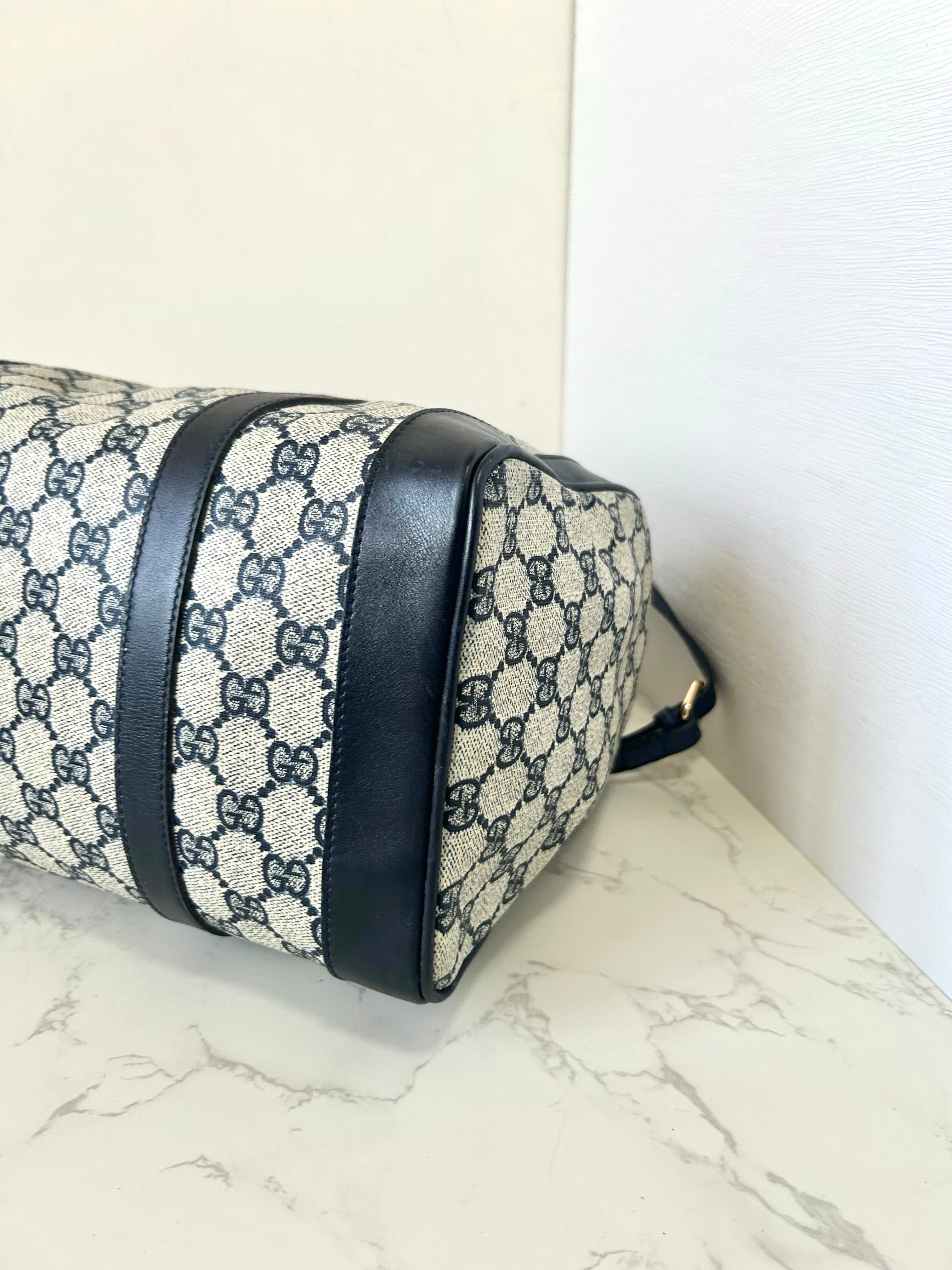 GUCCI rare blue and black old flower leather Boston bag / side bag / oblique bag