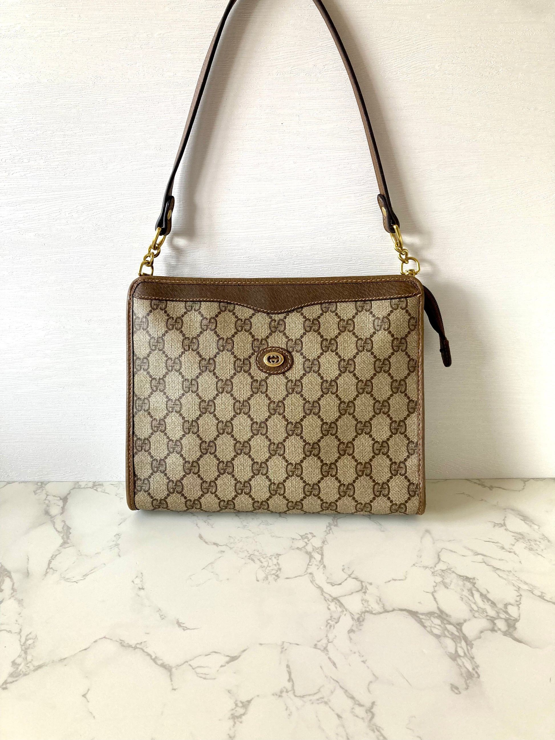 GUCCI Brown Monogram Gold Accessories Two-way Shoulder Bag / Pouch Bag