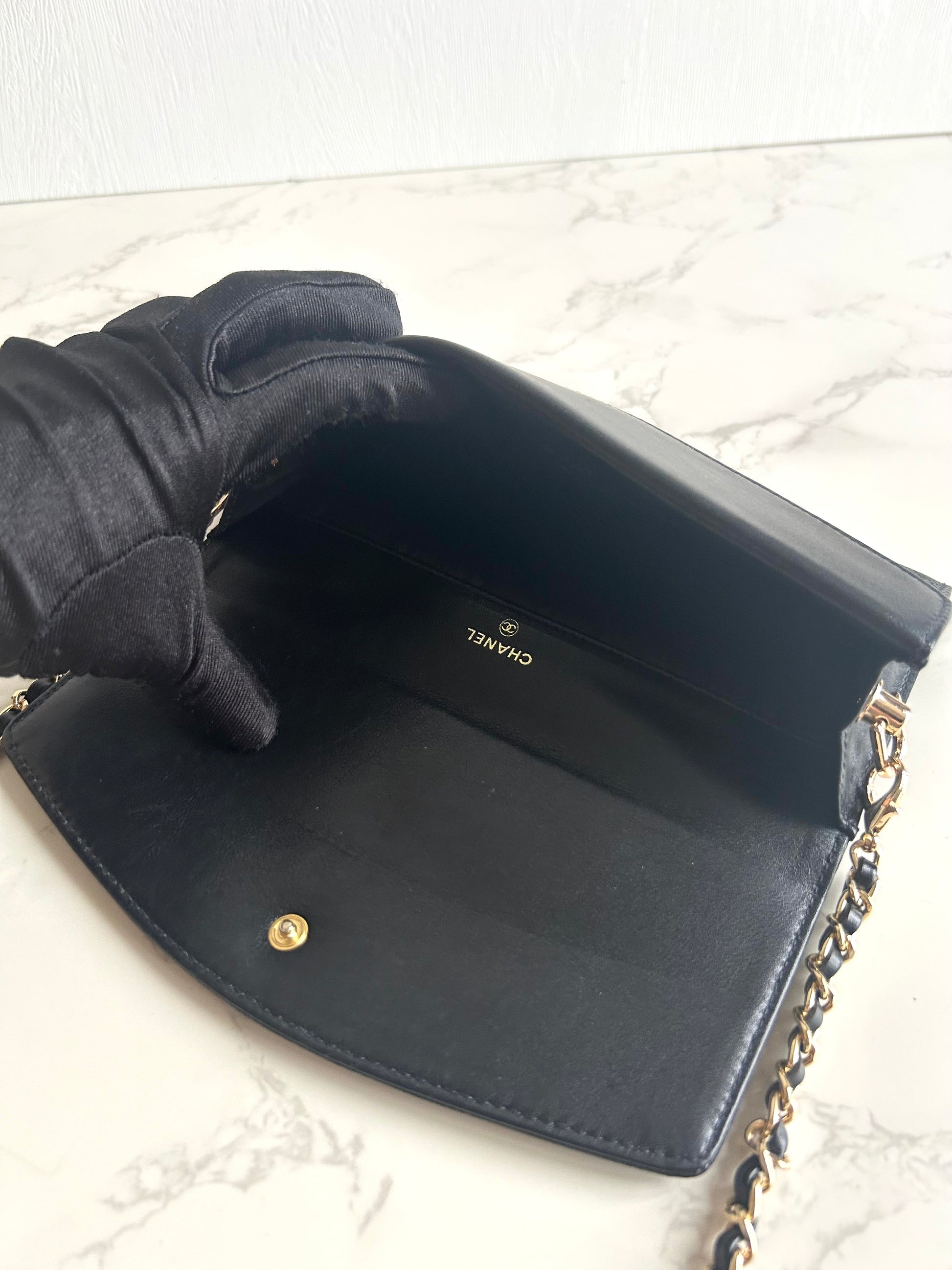 中古二手Chanel黑色魚子醬皮革WOC/側背包/斜背包/錢包