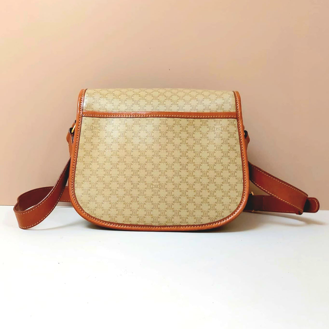 CELINE Rare Planet Beige Old Flower Leather Tofu Small Bag/Side Bag/Short Crossbody Bag - Japanese Second-hand Vintage