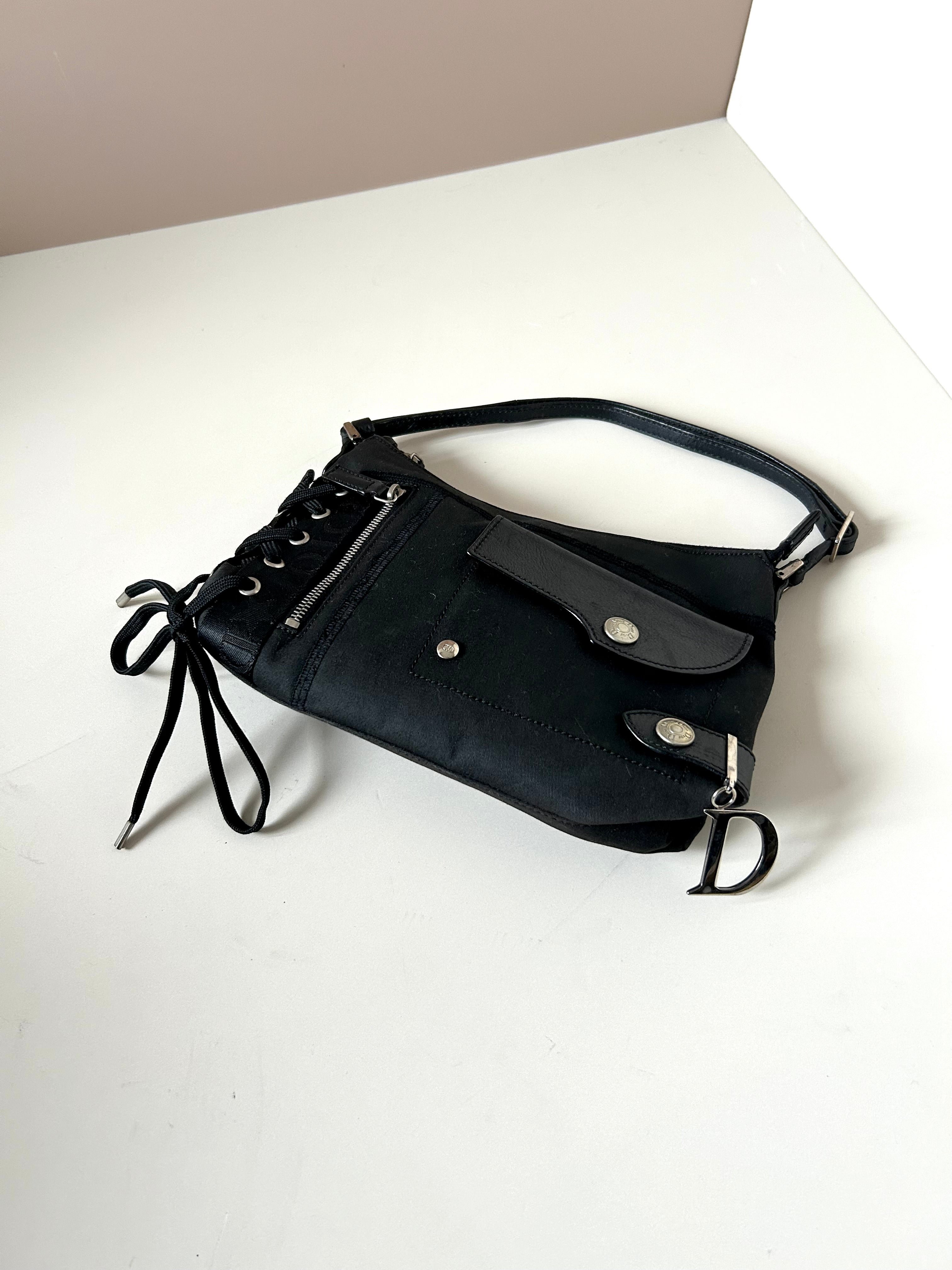 CHRISTIAN DIOR rare black silver buckle punk rope small bag/underarm bag/shoulder bag/side backpack
