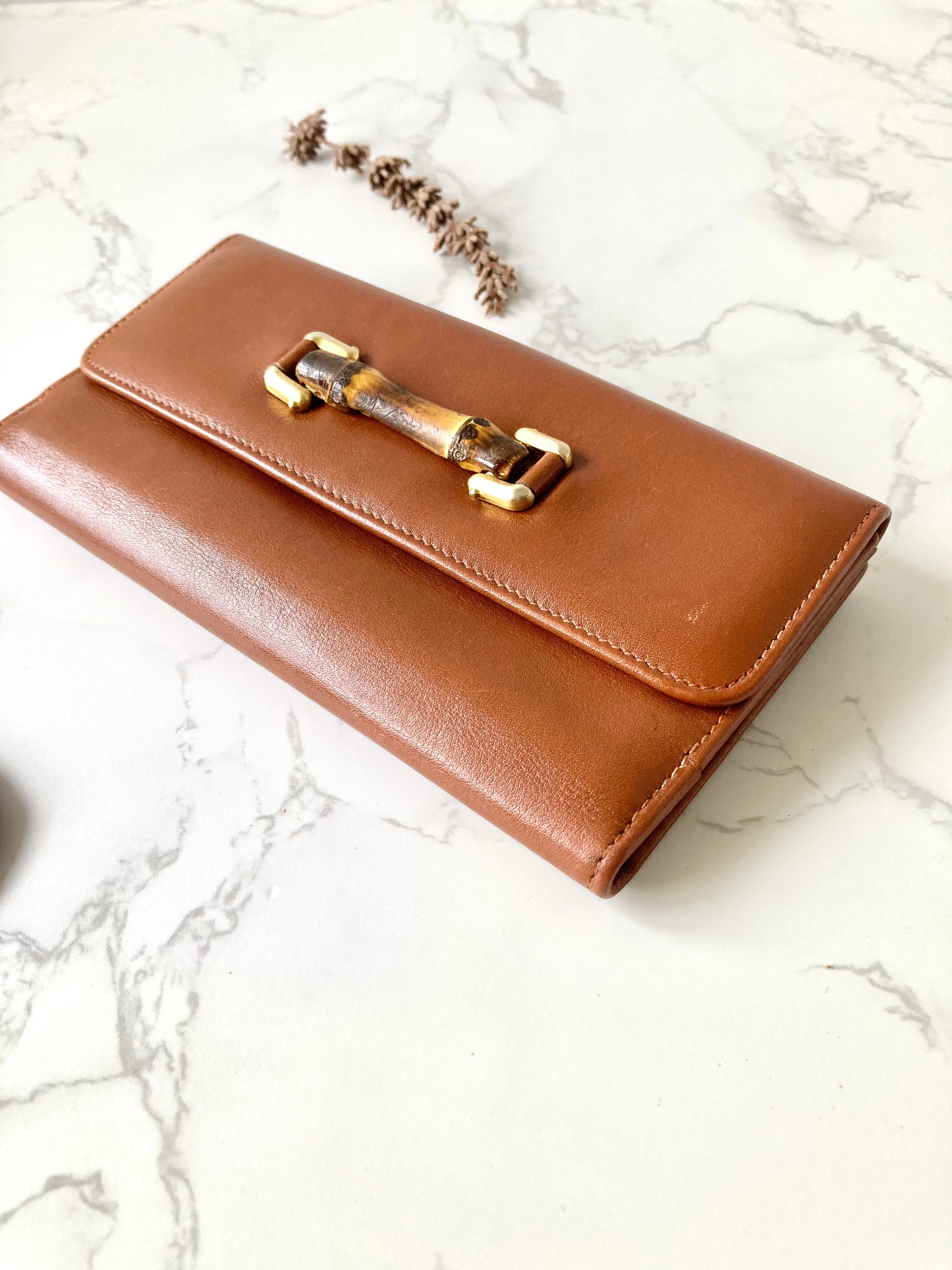 GUCCI Bamboo Caramel Brown Leather Long Bi-fold Wallet