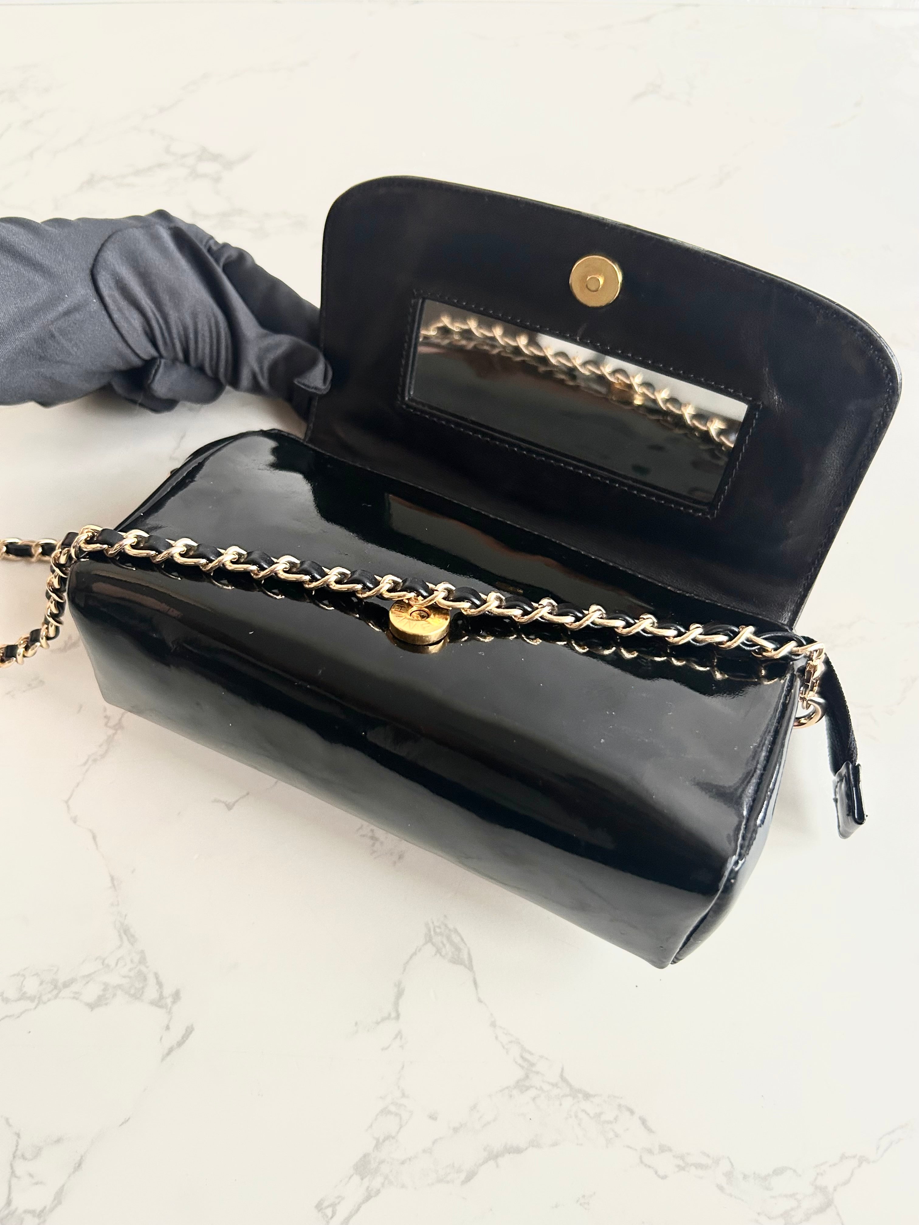 Rare Used Chanel Black and Gold Two-Way Crossbody Bag with Mirror