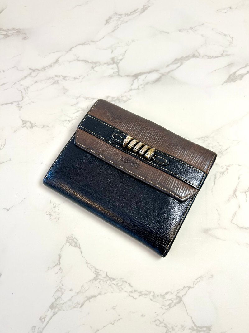 LOEWE 稀有金蛇骨黑啡拼色中短夾/錢包