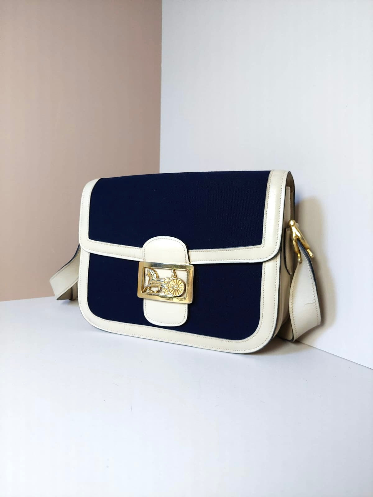 CELINE Rare Navy Blue Canvas and Leather C-Macadam Gold Buckle Shoulder Bag