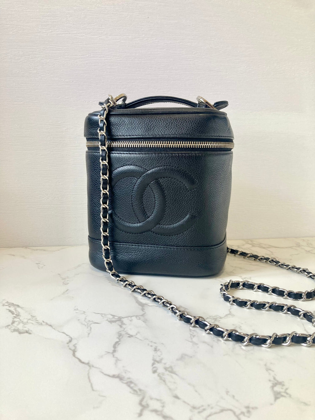 CHANEL Black Caviar Leather Vertical Vanity Case / Chain Crossbody Bag