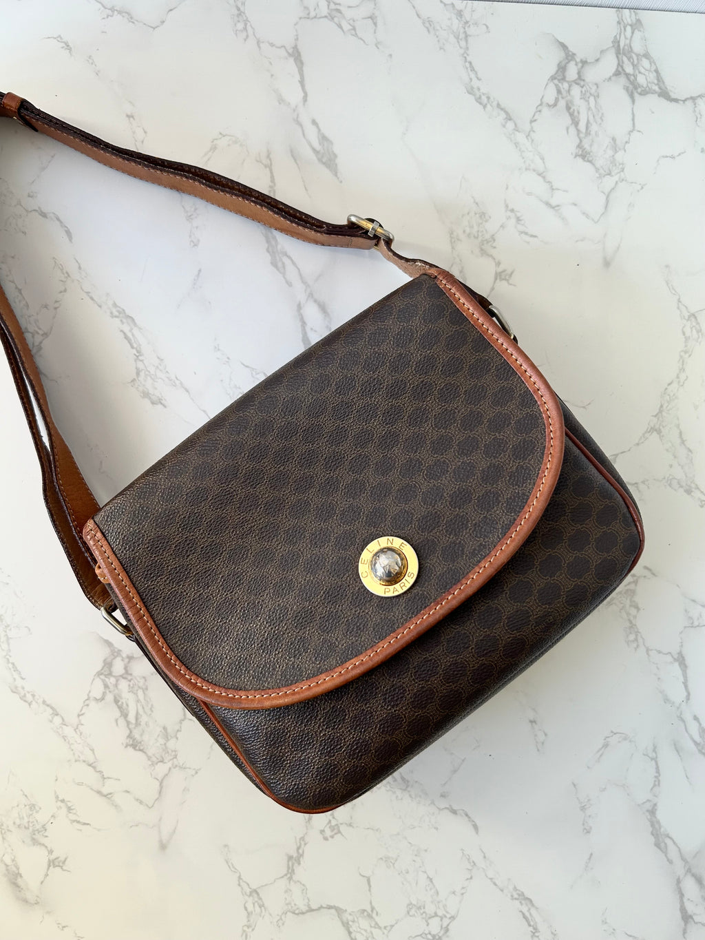 CELINE Rare Planet Brown Old Flower Leather Tofu Small Bag/Side Bag/Messenger Bag