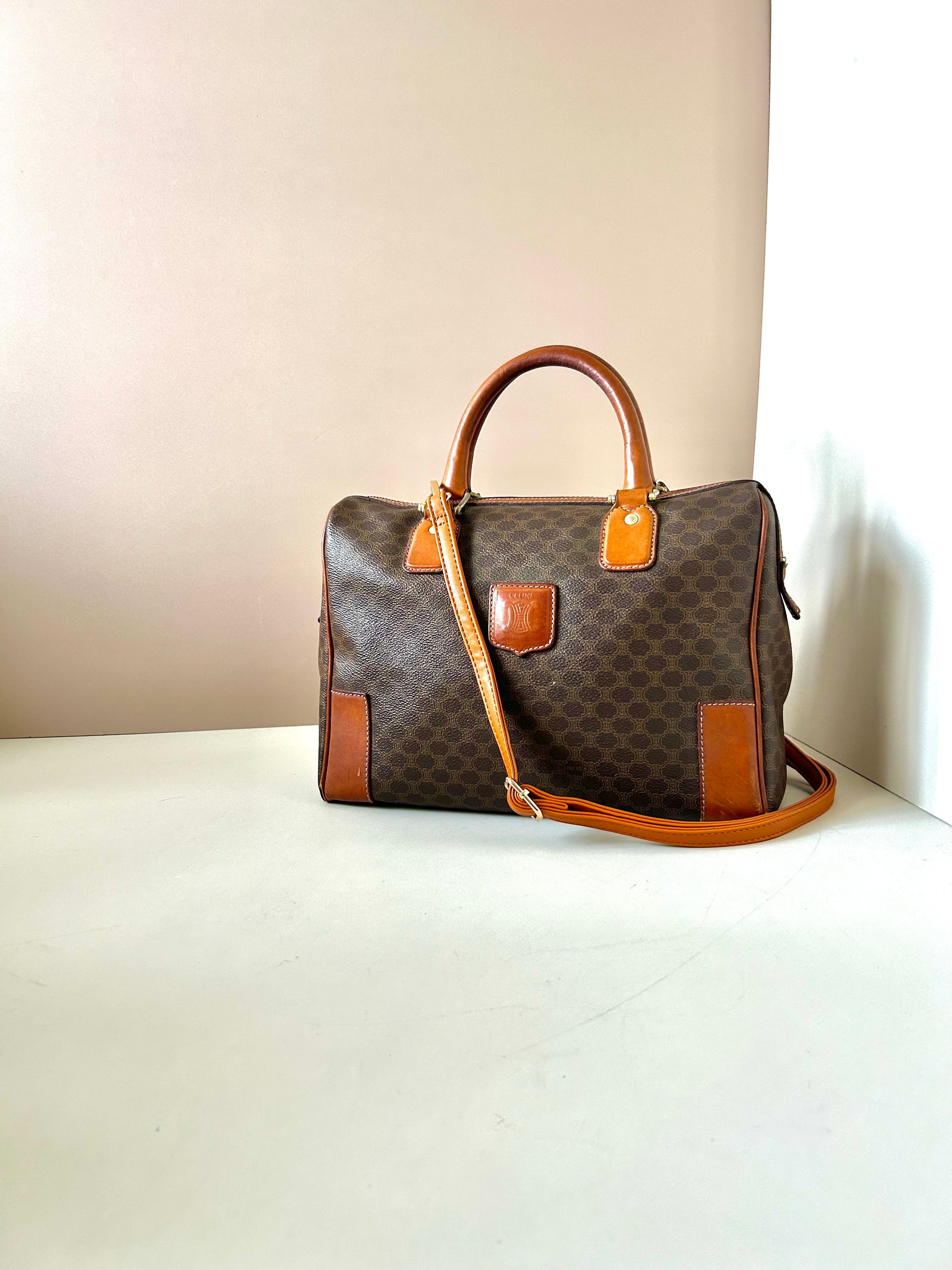 CELINE brown old flower leather Boston bucket bag/handbag/side bag/crossbody bag
