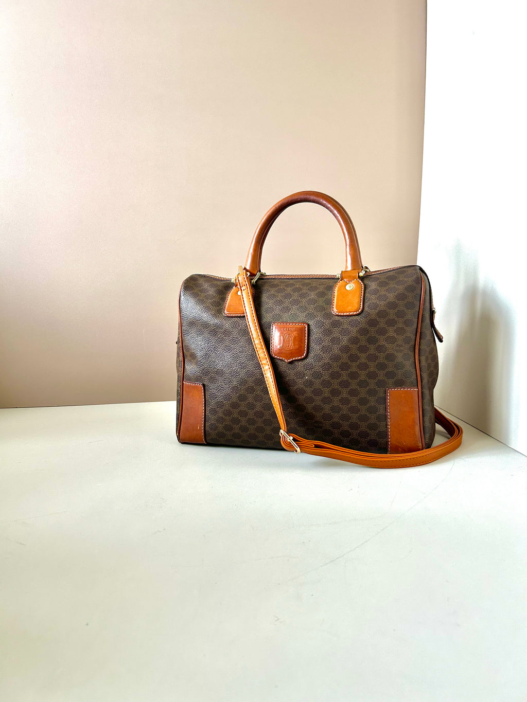 CELINE brown old flower leather Boston bucket bag/handbag/side bag/crossbody bag