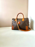 CELINE brown old flower leather Boston bucket bag/handbag/side bag/crossbody bag