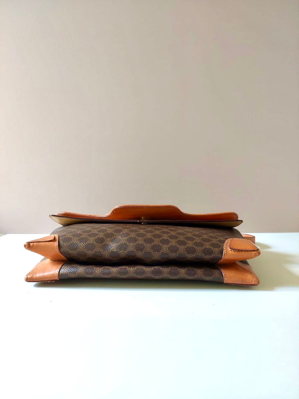 CELINE rare brown old flower leather messenger bag / side bag / oblique bag