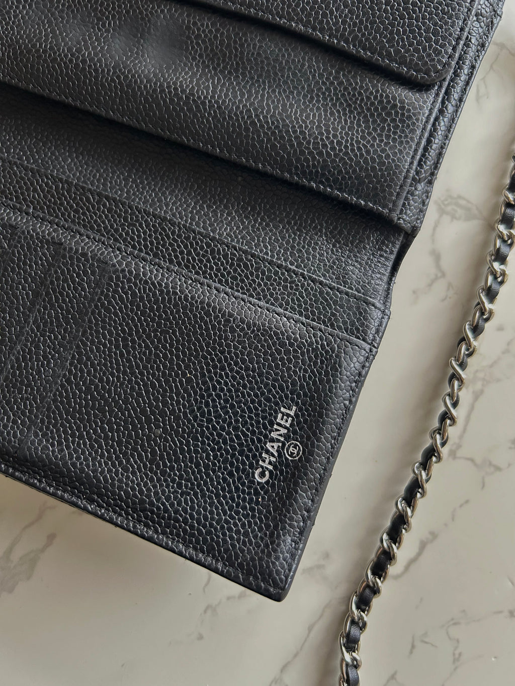 CHANEL Black Caviar Leather Long Wallet/Chain Side Bag/Slant Bag - Japanese Second-hand Vintage