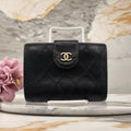 CHANEL rare black lambskin leather large gold buckle gold label short wallet / wallet