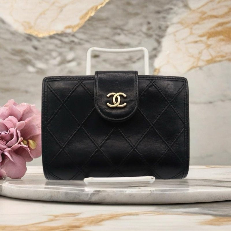 CHANEL rare black lambskin leather large gold buckle gold label short wallet / wallet