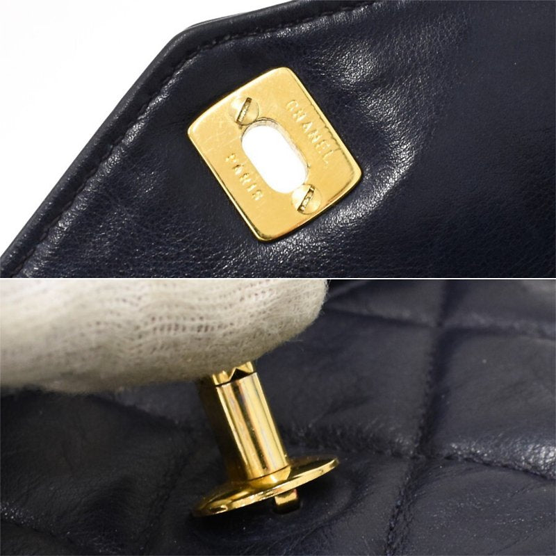CHANEL rare black blue leather gold rotating buckle belt bag/side bag/clutch bag