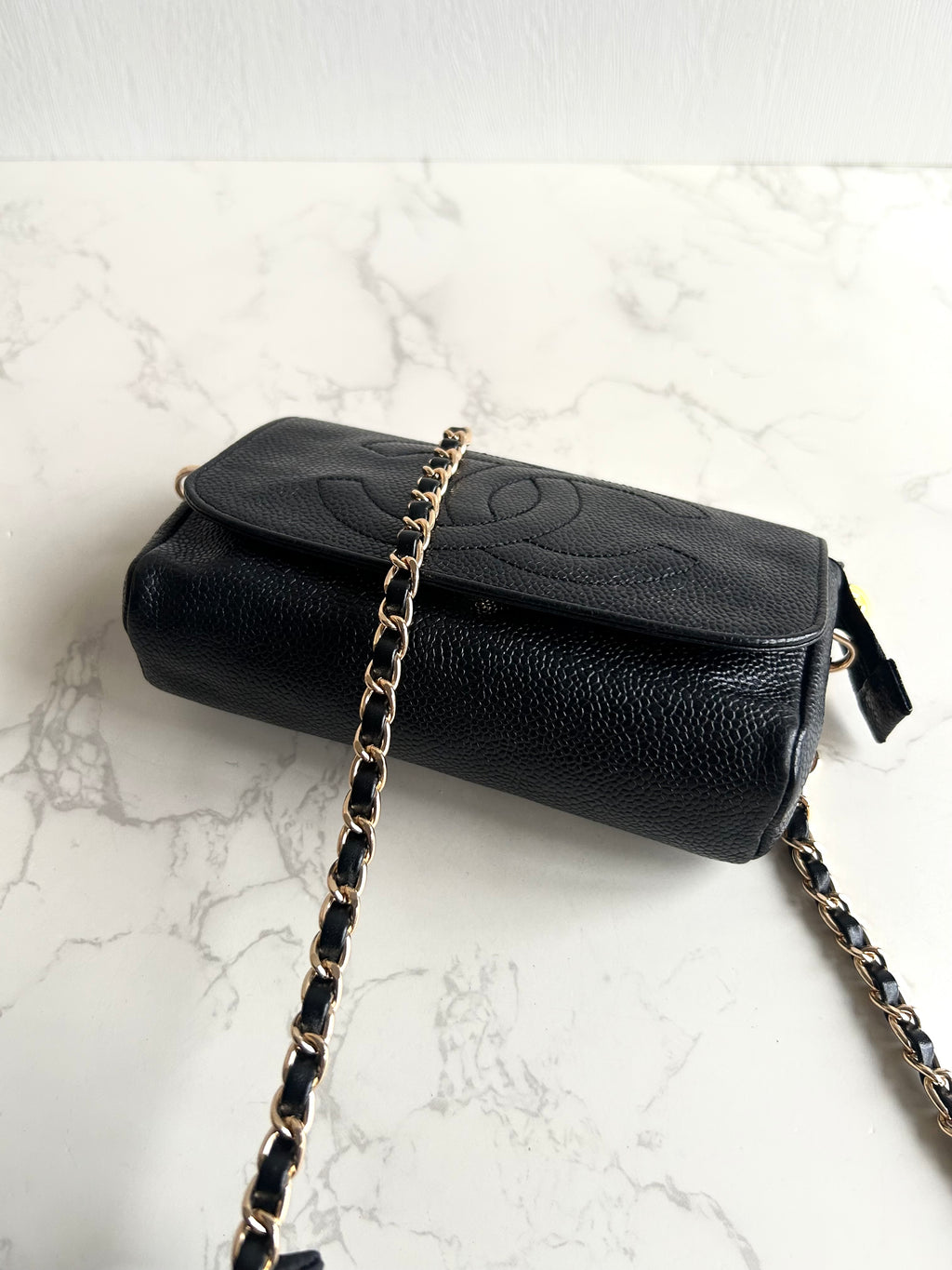 Chanel連鏡子黑金魚子醬皮革包 側背包 斜背包 中古包