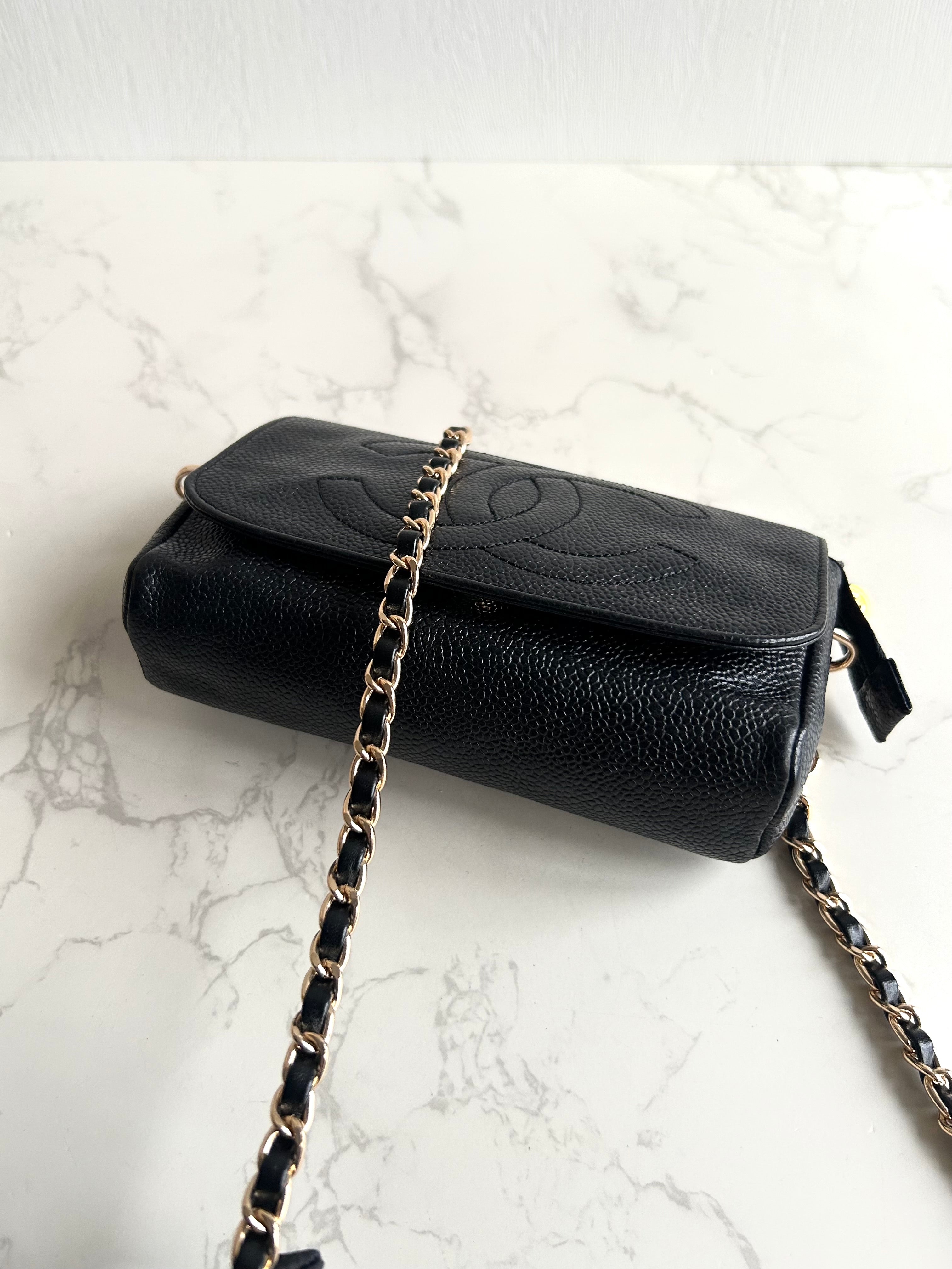 Chanel連鏡子黑金魚子醬皮革包 側背包 斜背包 中古包