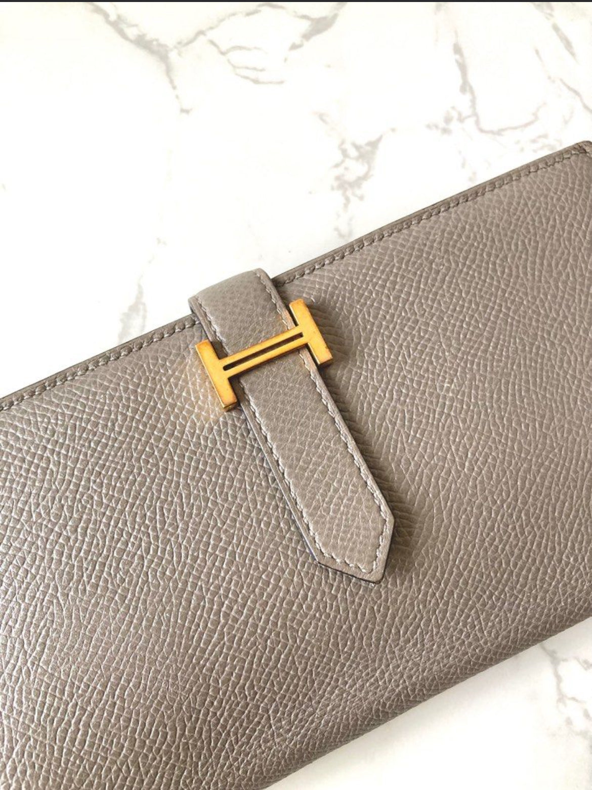 HERMES Bearn Elephant Grey Gold Buckle Epsom Leather Long Wallet/Wallet/Purse