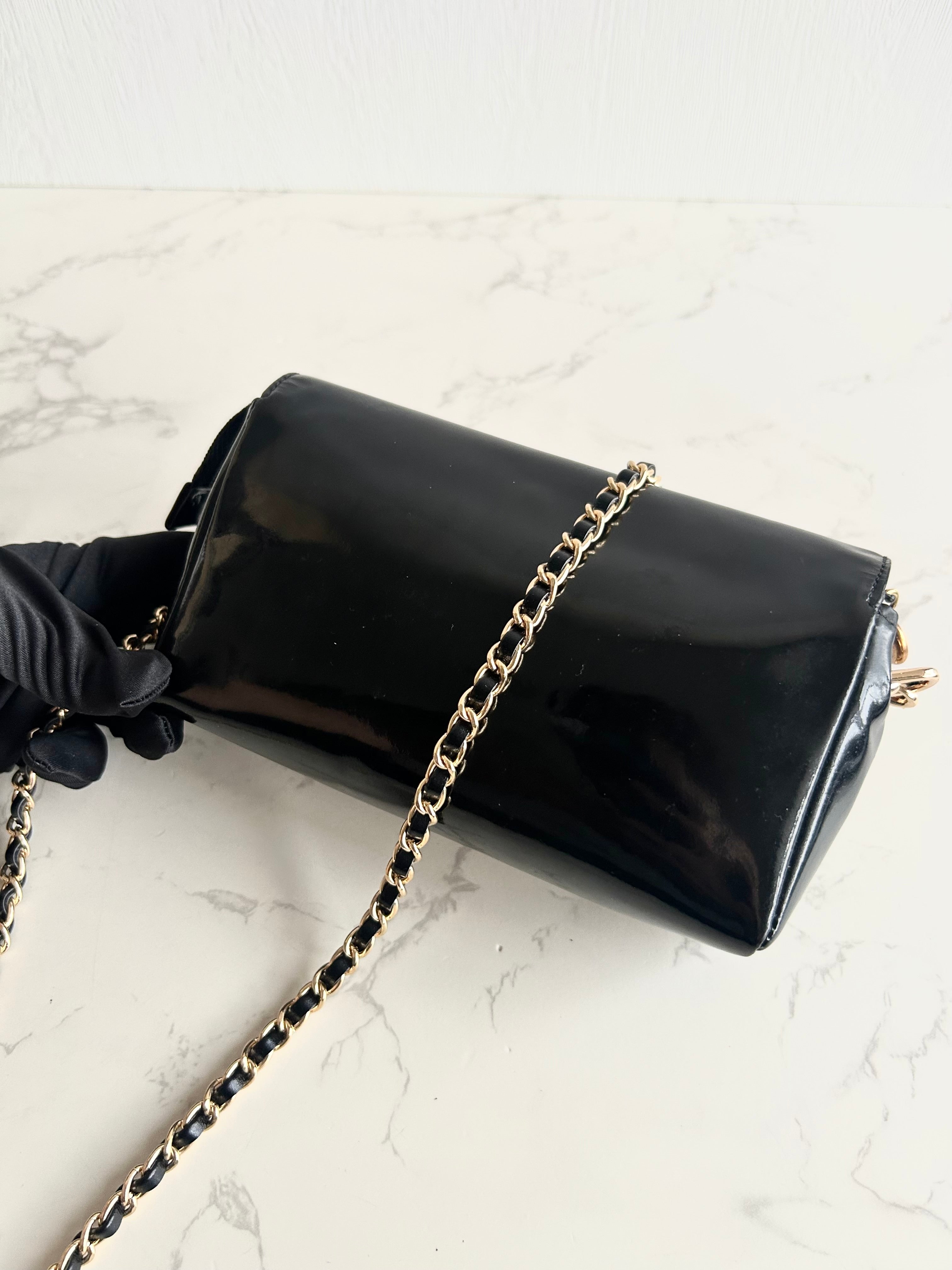 Rare Used Chanel Black and Gold Two-Way Crossbody Bag with Mirror