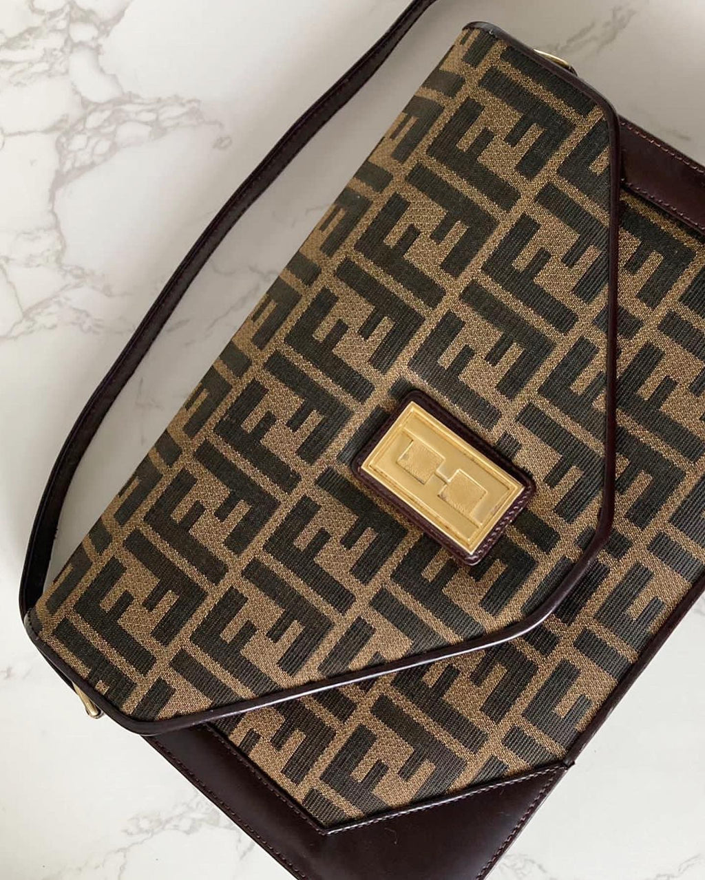 FENDI Zucchino rare brown old flower gold buckle side bag / underarm bag