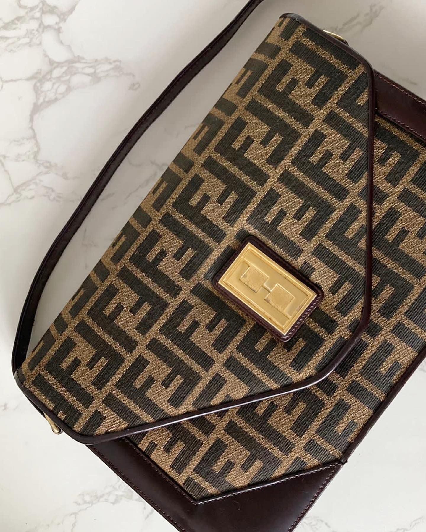 FENDI Zucchino rare brown old flower gold buckle side bag / underarm bag