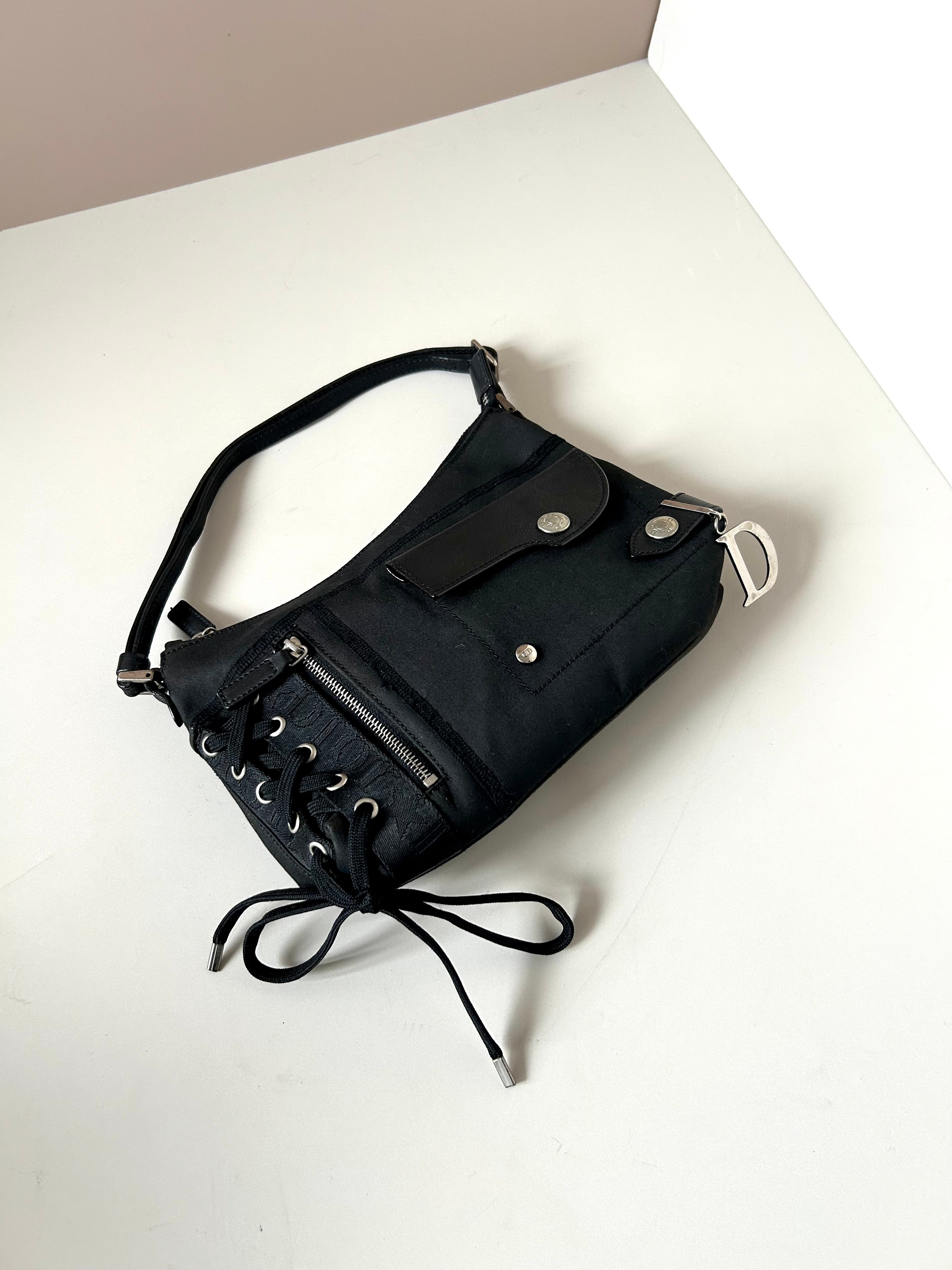 CHRISTIAN DIOR rare black silver buckle punk rope small bag/underarm bag/shoulder bag/side backpack