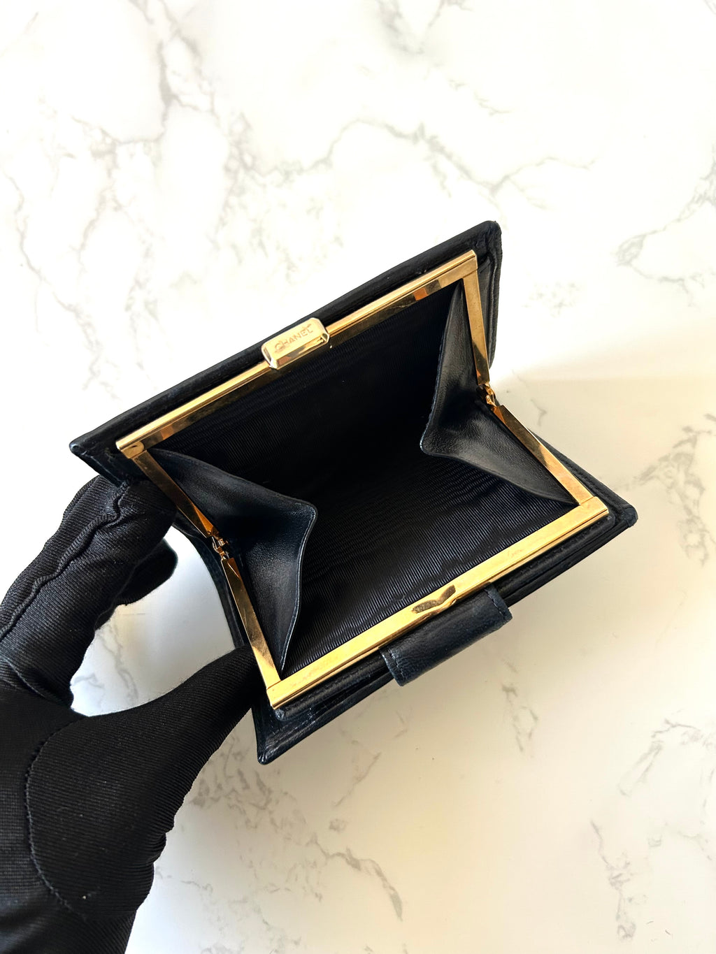 CHANEL rare black lambskin gold label short wallet / wallet