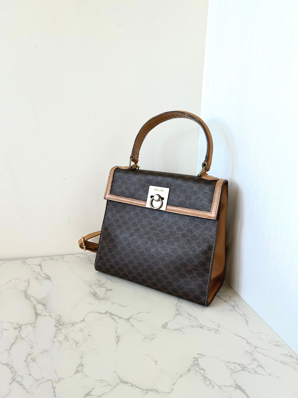 CELINE rare small brown old flower Kelly bag/side bag/crossbody bag/handbag