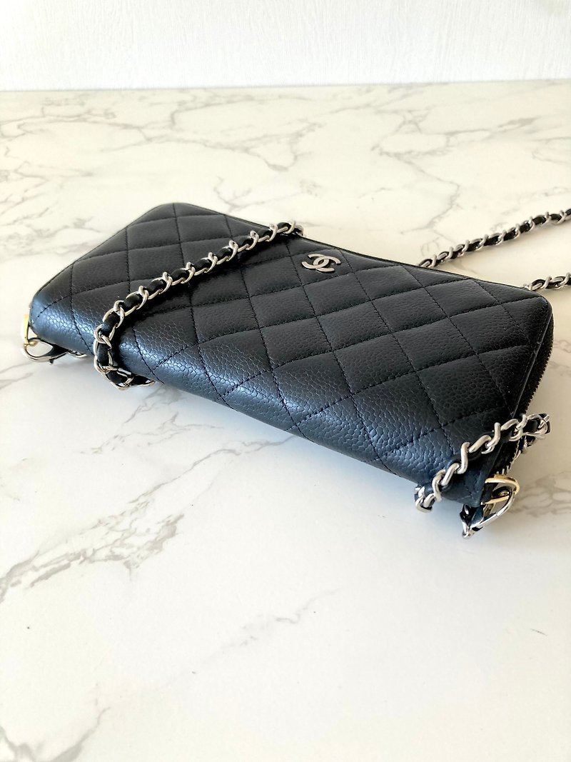CHANEL Black Silver Caviar Leather Zipper Side Bag/Slant Bag/Long Clip/Wallet - Japanese Second-hand Vintage