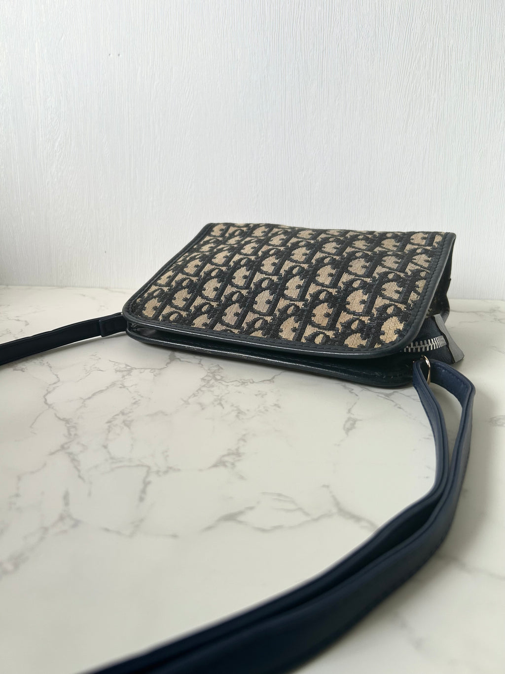 CHRISTIAN DIOR dark blue and black monogram shoulder bag / side bag / oblique bag