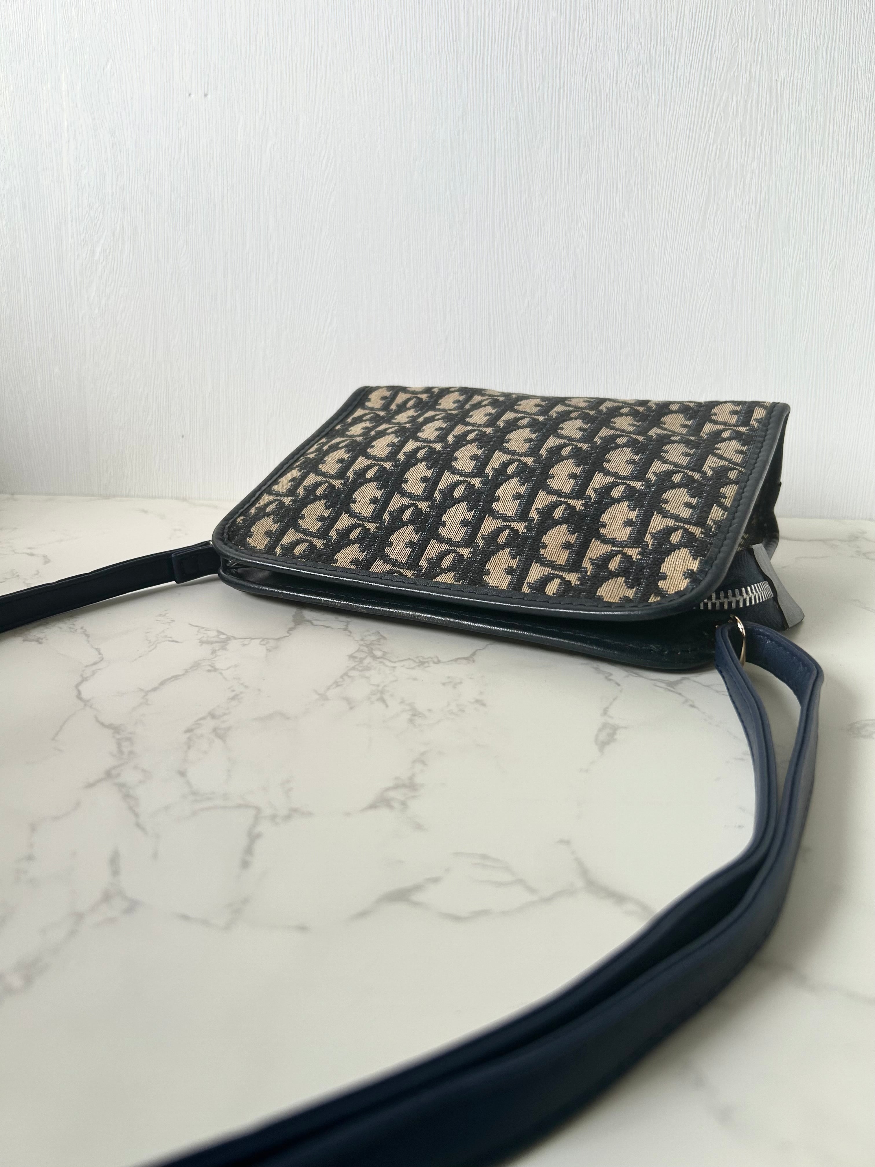 CHRISTIAN DIOR dark blue and black monogram shoulder bag / side bag / oblique bag