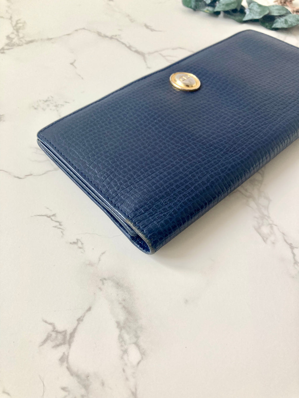 CHRISTIAN DIOR Navy Blue x Gold Egg Leather Long Bi-fold Wallet