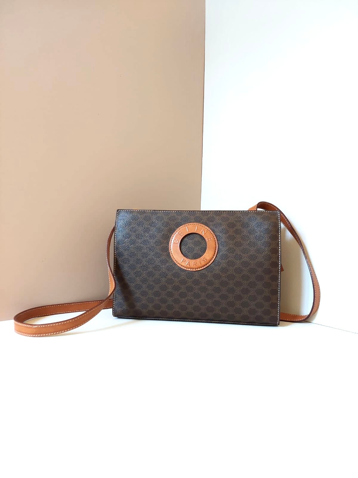 CELINE Large Ring Brown Old Flower Leather Side Bag / Crossbody Bag