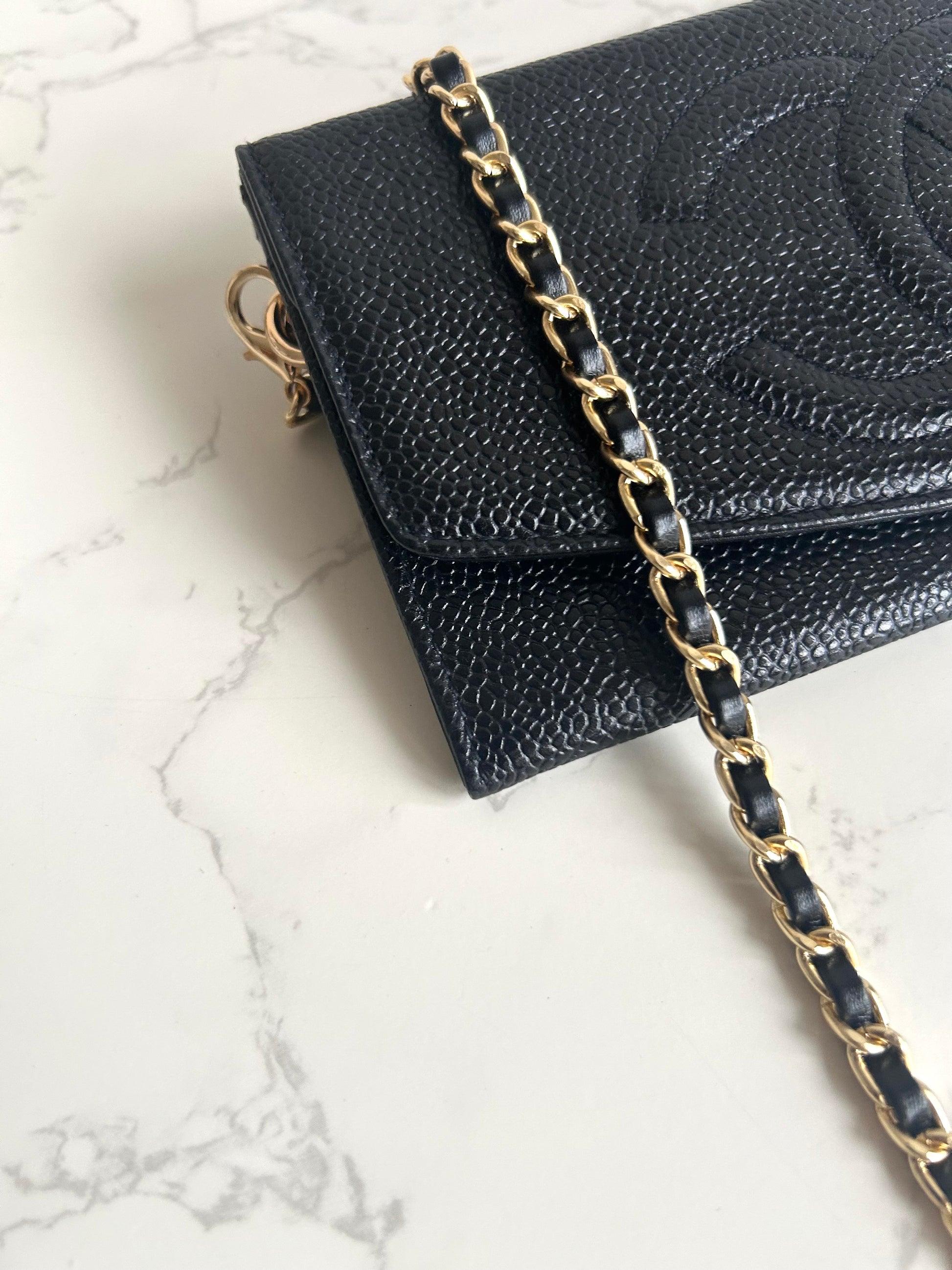 中古二手Chanel黑色魚子醬皮革WOC/側背包/斜背包/錢包