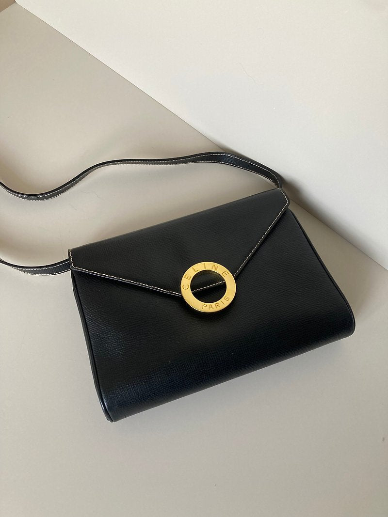 CELINE black large gold ring envelope leather small bag/side bag/crossbody bag