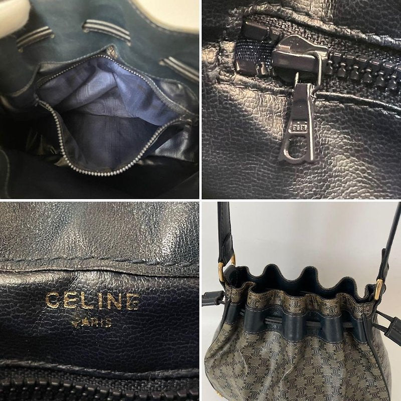 CELINE rare black old flower gold Arc de Triomphe leather shoulder drawstring bucket bag / side backpack